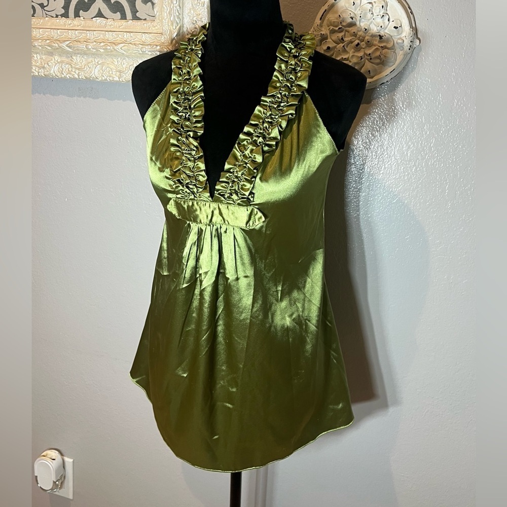 Max Studio Shiny Green Top With Ruffle Detail